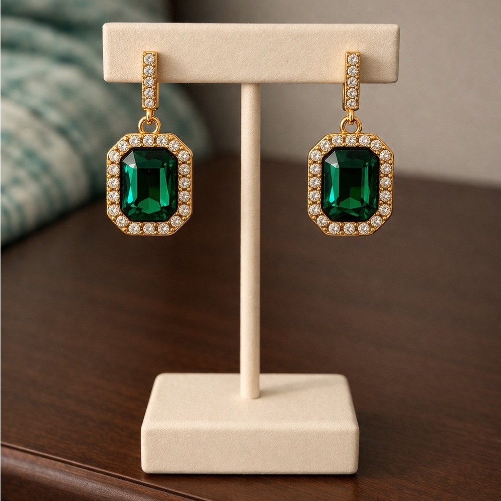Emerald Green Crystal Drop Gold Plated Earrings